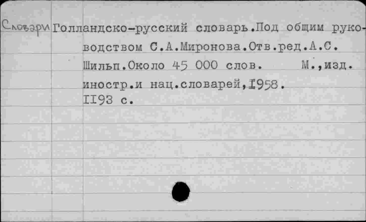 ﻿Голландско-русский словарь .Под общим руко водством С.А.Миронова.Отв.ред.А.С. Шильп.Около 45 000 слов. М.,изд. иностр.и нац.словарей,Х958• 1193 с.